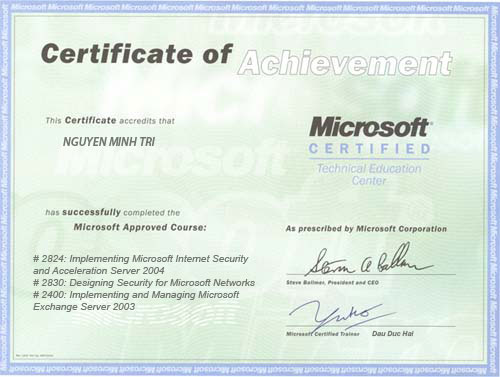Microsoft Certificate of Achievement